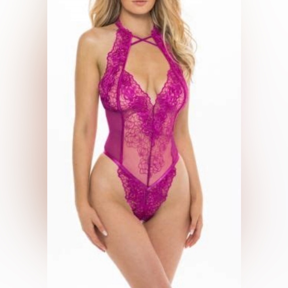OH LA LA CHERI Abrielle Embroidered Teddy in Festival Fuchsia Size S/M (NWT)